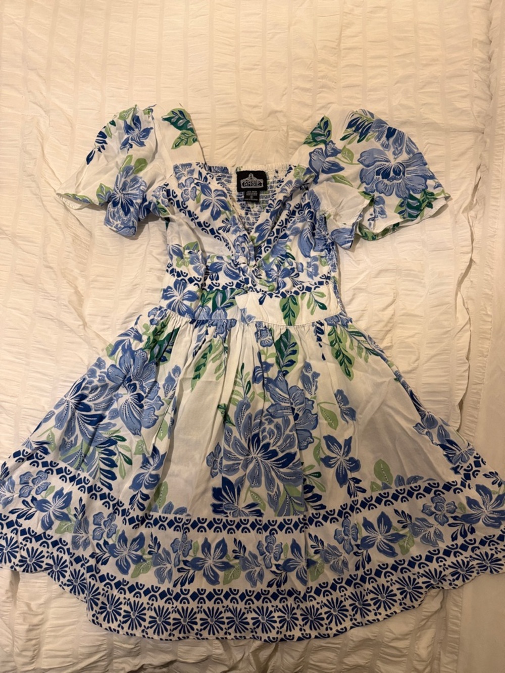 White Dress with Blue & Green Floral Print